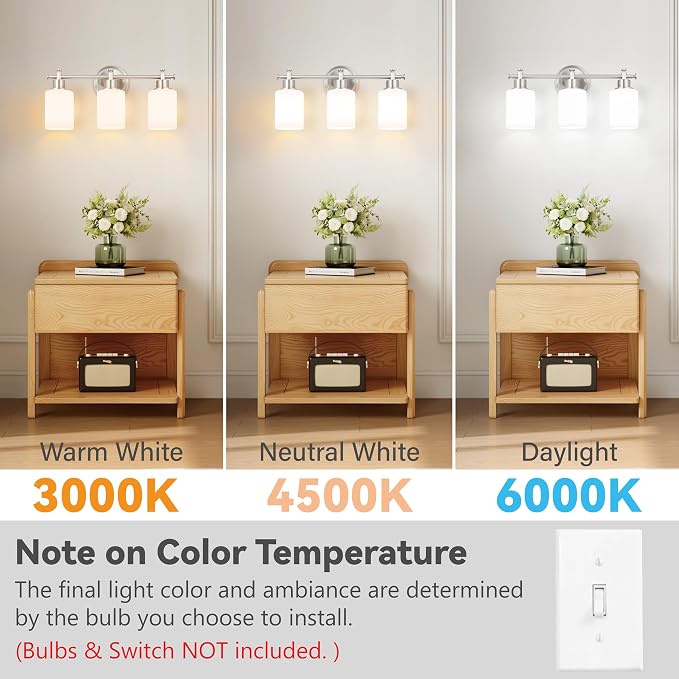 3-Light Bathroom Vanity Light Fixture, Brushed Nickel Bathroom Wall Sconce | 17.5 In Bathroom Vanity Light Fixture, Brushed Nickel Bathroom Wall Light over Mirror, Anti-Rust(Bulbs Not Included, E26)