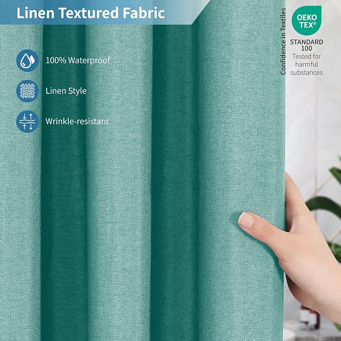 Waterproof Fabric Shower Curtain,No Liner Needed,72x72,Teal | 2-in-1 Design,Linen Textured,100% Waterproof TPU-Laminated Backing,Magnetic Weighted,Machine Washable,For Bathroom,Hotel