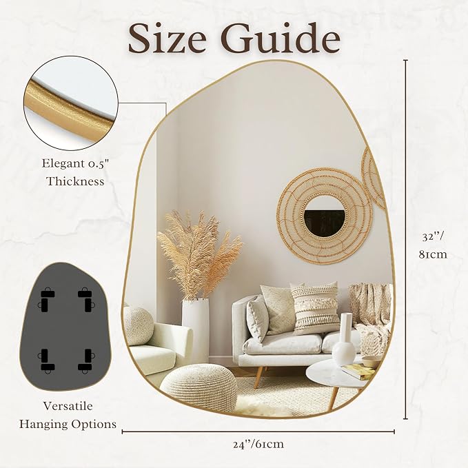 PERFNIQUE Irregular Asymmetrical Wall Mirror, 32"x24" Gold Bathroom Mirror | Decorative modern boho mirror with gold finish. HD glass mirror for bedroom, living room, entryway, mantel and vanity decor