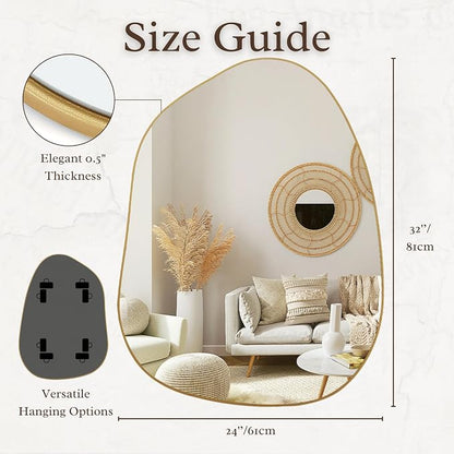 PERFNIQUE Irregular Asymmetrical Wall Mirror, 32"x24" Gold Bathroom Mirror | Decorative modern boho mirror with gold finish. HD glass mirror for bedroom, living room, entryway, mantel and vanity decor