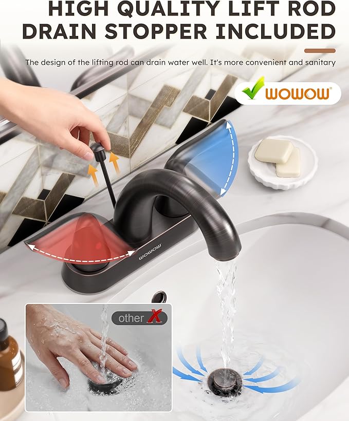 WOWOW Bathroom Faucet 4 inch Centerset Oiled Rubbed Bronze Bathroom Sink Faucet Lift Rod Drain Assembly Stainless Steel Faucets for Bathroom Faucet Retro Lavatory