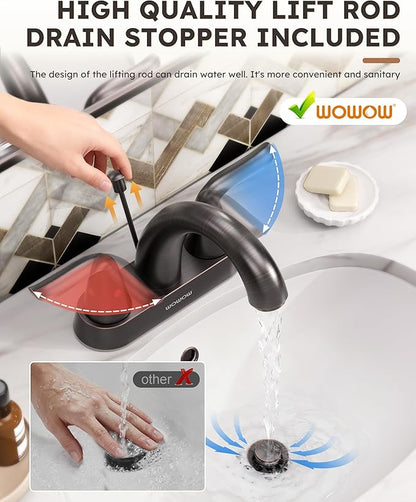 WOWOW Bathroom Faucet 4 inch Centerset Oiled Rubbed Bronze Bathroom Sink Faucet Lift Rod Drain Assembly Stainless Steel Faucets for Bathroom Faucet Retro Lavatory