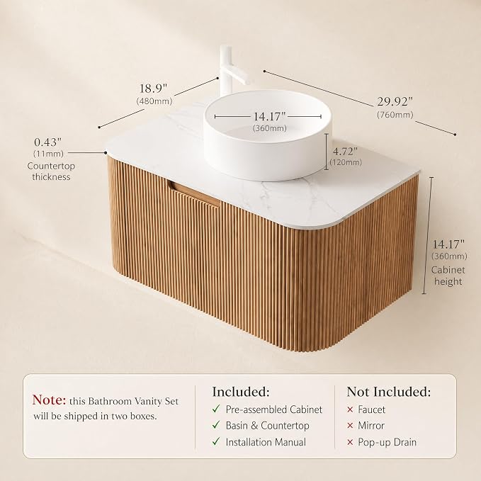 30 Inch Bathroom Vanity with Sink, Floating Wall Mounted Single Sink Vanity, Natural Woodgrain Curved Fluted Front, Stone Top, Pure White Round Vessel Basin, Pre-Assembled