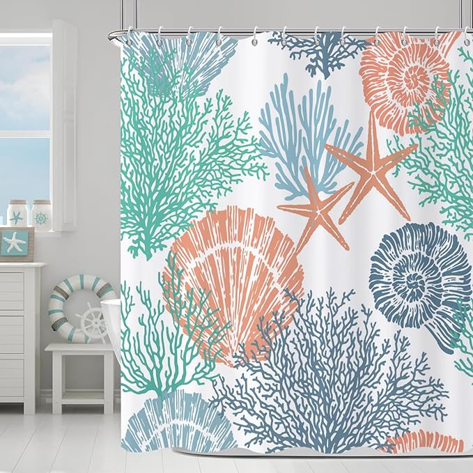Nautical Coastal Shower Curtain, Green Navy Blue Orange Ocean Beach Seashell Starfish Themed Bathroom Curtain Waterproof Fabric Machine Washable with Hooks, 65" Wx72 L