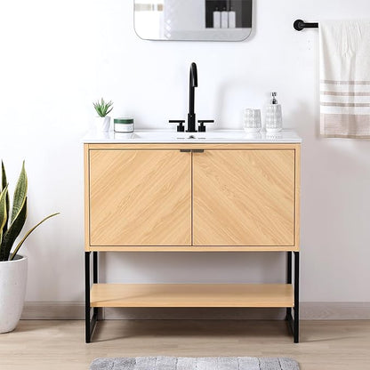 JONATHAN Y VAN1015A Juhl 35 in. W x 18 in. D x 33 in. H Chevron-Front Modern Minimalist 2-Shelf Bathroom Vanity Cabinet Only with Soft Closing Doors (Sink Basin Not Included), Oak