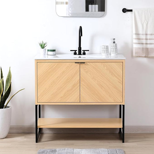 JONATHAN Y VAN1015A Juhl 35 in. W x 18 in. D x 33 in. H Chevron-Front Modern Minimalist 2-Shelf Bathroom Vanity Cabinet Only with Soft Closing Doors (Sink Basin Not Included), Oak