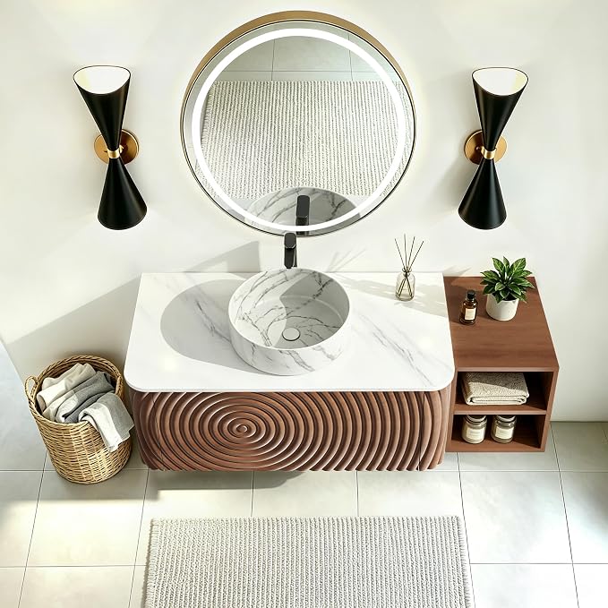 48 Inch Modern Bathroom Vanity with Ceramic Sink, Floating Bathroom Sink Cabinet with Sintered Stone Top&Solid Wood Hammered Frame, Single Bathroom Vanities w/Soft-Close Drawer&IDE Open Cube