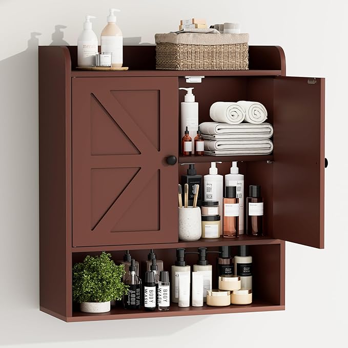 EasyCom 22" W x 26" H Bathroom Wall Cabinet, Farmhouse Medicine Cabinet with Adjustable Shelves and Double Barn Doors, Over The Toilet Storage Cabinet for Bathroom, Kitchen, Living Room, Russet