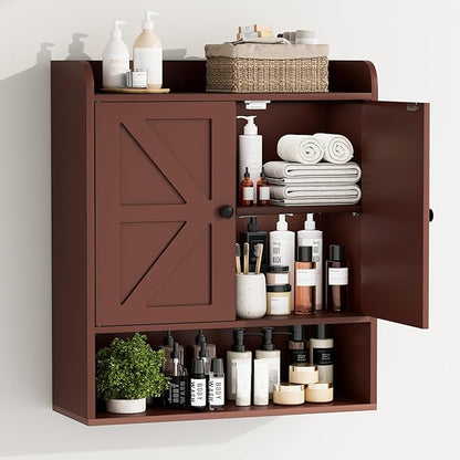 EasyCom 22" W x 26" H Bathroom Wall Cabinet, Farmhouse Medicine Cabinet with Adjustable Shelves and Double Barn Doors, Over The Toilet Storage Cabinet for Bathroom, Kitchen, Living Room, Russet