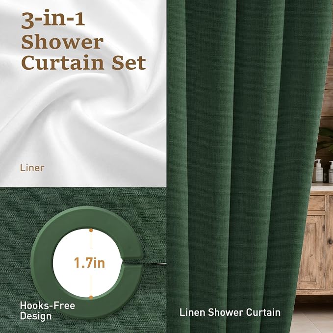 Emerald Green Ringless Linen Look Shower Curtain with Snap Liner 72x75 | 3 in 1 Modern Shower Curtain Set, Removable Liner, Waterproof & Washable, Mesh Top Window, Durable Fabric, Easy to Install