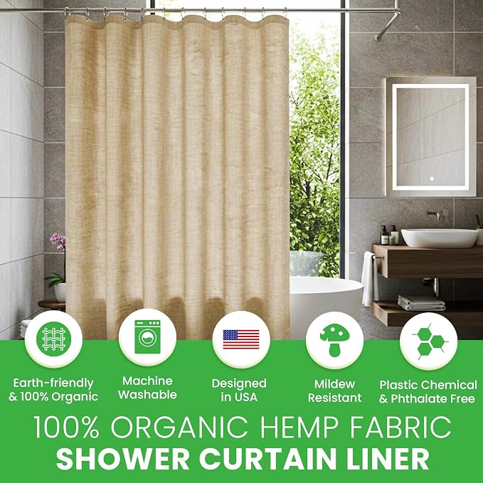 Bean Products Natural Hemp Bathtub Shower Curtain Liner - 70x74 | Non Toxic, Eco Friendly, Mildew Resistant Cloth Shower Cutain Liner - Washable, Quick Dry, Breathable, Odor Free, No Plastic