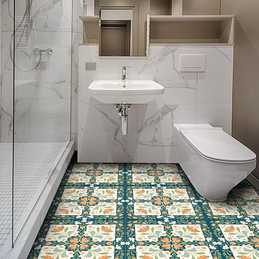 Teal Orange Floral Peel and Stick Floor Tiles 12x12 Inch 10PCS | Teal orange cream floral geometric pattern vinyl floor stickers for kitchen bathroom entryway and indoor home decor