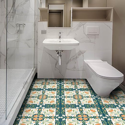Teal Orange Floral Peel and Stick Floor Tiles 12x12 Inch 10PCS | Teal orange cream floral geometric pattern vinyl floor stickers for kitchen bathroom entryway and indoor home decor