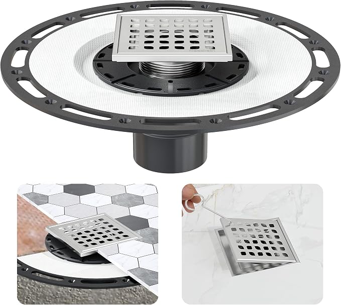 Neodrain 4 in Brushed Square Shower Drain w/Removable Grate &Drain Key | 304 Stainless Steel Shower Drain, ABS Bonding Flange Base for Low Profile Shower Pan, CUPC Certified
