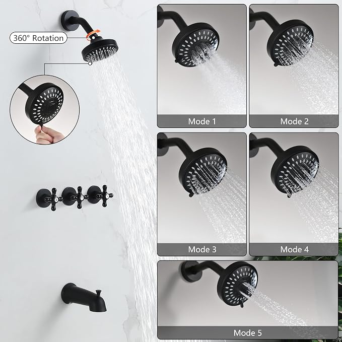 3 Handle Shower Faucet Set with Tub Spout Matte Black | Three Knod Tub and Shower Trim Kit 3 Handles Bathtub Shower Faucets Completes with Brass Valve