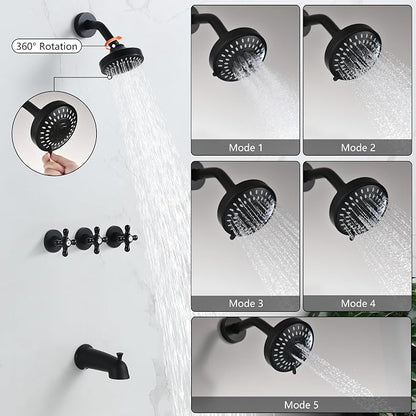 3 Handle Shower Faucet Set with Tub Spout Matte Black | Three Knod Tub and Shower Trim Kit 3 Handles Bathtub Shower Faucets Completes with Brass Valve