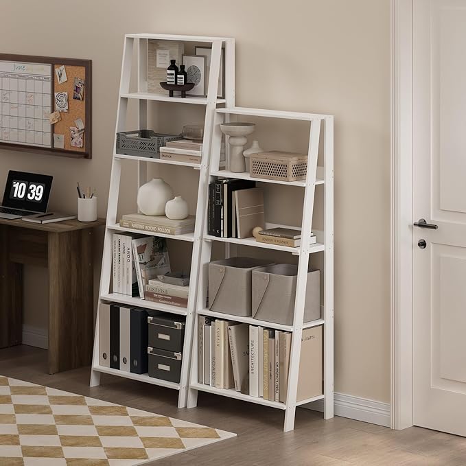 Furinno Ladder Bookcase Display Shelf, 5-Tier, White