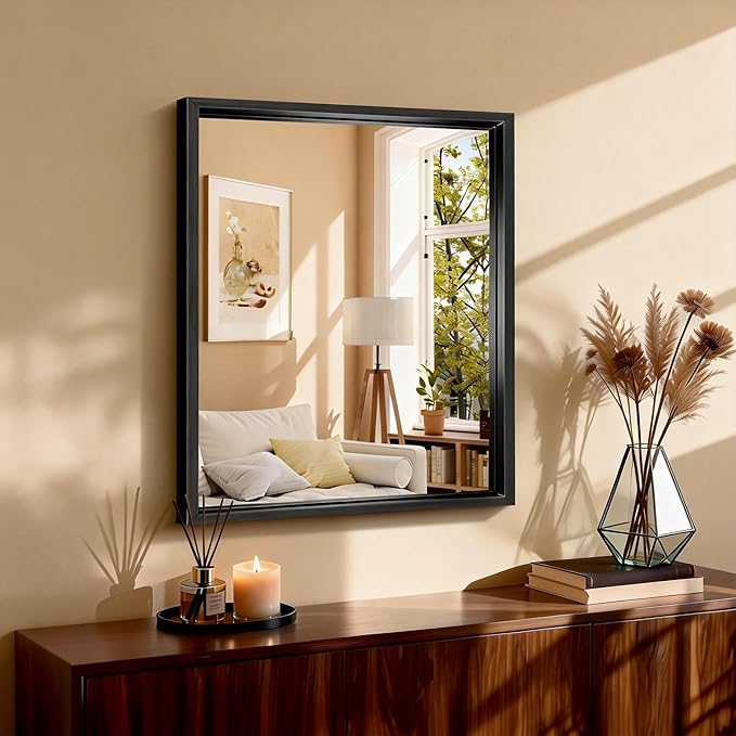 CIRCUMI 24"x30" Black Mirror with Chunky Box Metal Frame, Brushed Finish Rectangular Bathroom Mirrors for Over Sink, Living Room, Entryway, Tempered Glass Mirror for Wall, Vertical or Horizontal