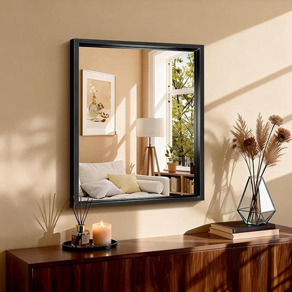 CIRCUMI 24"x30" Black Mirror with Chunky Box Metal Frame, Brushed Finish Rectangular Bathroom Mirrors for Over Sink, Living Room, Entryway, Tempered Glass Mirror for Wall, Vertical or Horizontal