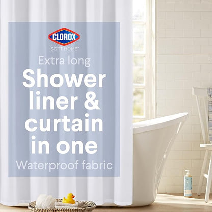 Clorox 2-in-1 Bathroom Shower Curtain Liner, Durable Fabric, Weighted Magnets for Bath Water Control, Washable Premium Quality, Extra Long, Modern - 72" x 78" White