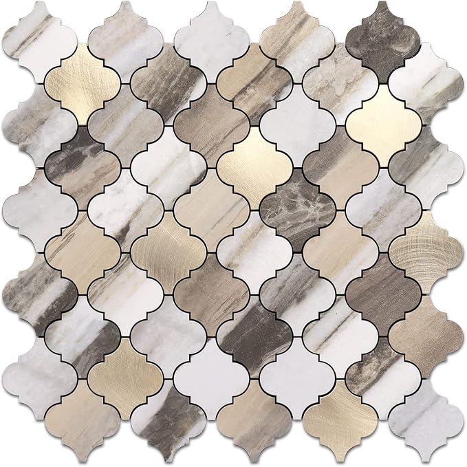 STICKGOO Arabesque Peel and Stick Backsplash Tile, Stick on Backsplash for Kitchen and Bathroom, Gold Wood Grain Marble Look PVC Mixed Metal Aluminum Mosaic Tiles(10 Sheets)