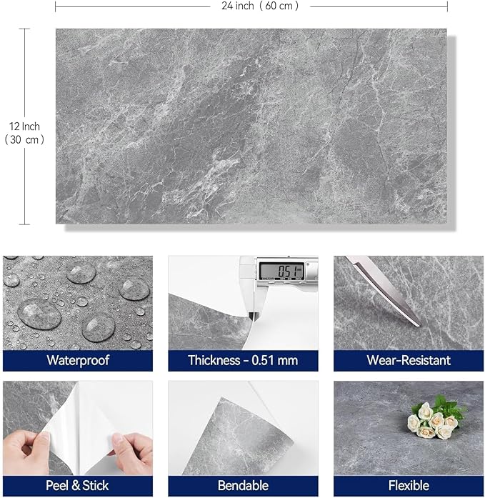 FunStick 15 Pcs 12"x24" Flooring Tile Peel and Stick Floor Tile Waterproof Grey Marble Vinyl Flooring for Bathroom Peel and Stick Wall Tiles Renter Friendly Floor Stickers for Kitchen Bedroom Flooring