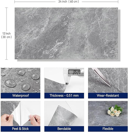 FunStick 15 Pcs 12"x24" Flooring Tile Peel and Stick Floor Tile Waterproof Grey Marble Vinyl Flooring for Bathroom Peel and Stick Wall Tiles Renter Friendly Floor Stickers for Kitchen Bedroom Flooring