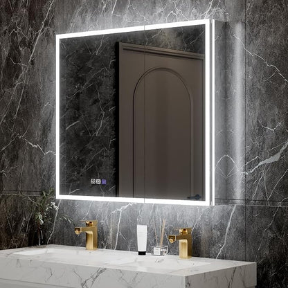 32x36 Lighted Medicine Cabinet with Mirror & Magnifier, LED Medicine Cabinet Mirror for Bathroom, Dimmable, Adjustable Color Temp, Defogger, Front&Backlit, Built-in Outlets, Soft Close DTC Hinges