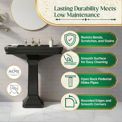 Renovators Supply Manufacturing Victorian 32" W x 34.5" H x 22" Proj. Large Bathroom Black Pedestal Sink, Vitreous China, with Overflow, Compatible with 8 in. Widespread Faucets