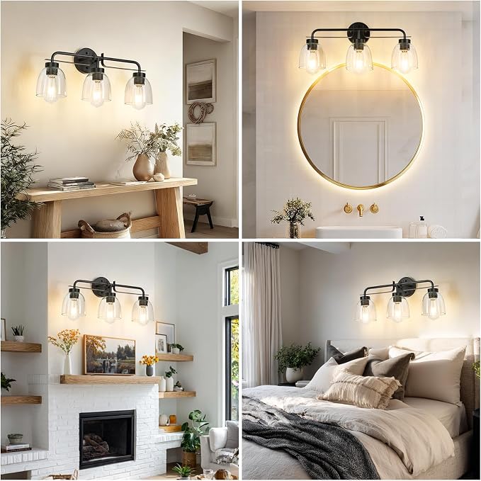 3-Light Farmhouse Bathroom Vanity Light Fixtures, Modern Industrial Black Vanity Lights for Bathroom Light Fixtures with Vintage Bubble Glass Shade Wall Sconce for Mirror, Bedroom, Hallway