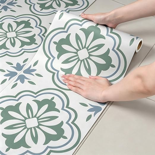 FunStick Sage Green Peel and Stick Floor Tile Vintage Green and White Moroccan Floor Tiles Peel & Stick Vinyl Flooring Roll Waterproof Self Adhesive Laminate Linoleum Flooring for Bathroom Floor Tile