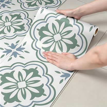 FunStick Sage Green Peel and Stick Floor Tile Vintage Green and White Moroccan Floor Tiles Peel & Stick Vinyl Flooring Roll Waterproof Self Adhesive Laminate Linoleum Flooring for Bathroom Floor Tile
