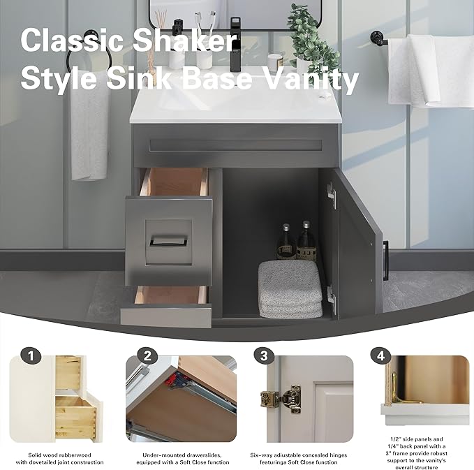 30" Shaker Bathroom Vanity Sink Base with Drawers (Ready-to-Assemble) (Grey Shaker Vanity Base)