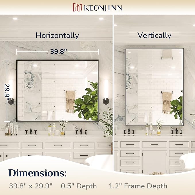 Keonjinn 40x30 Inch Black Bathroom Mirror for Over Sink, Rectangular | HD Tempered Glass, Vanity Mirror, Brushed Framed, Square Corner, Modern Farmhouse, Wall Mounted Mirrors, Aluminum Alloy