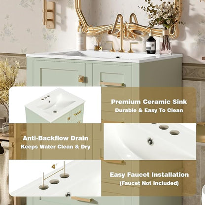 24.8" Bathroom Vanity with Ceramic Sink, Freestanding Bathroom Cabinet with Soft-Close Door, 3 Drawers & Spacious Storage, Solid Wood Frame and MDF, Modern Green Vanity for Small Bathrooms