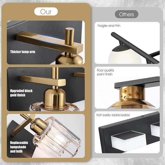 Black and Gold Crystal Bathroom Vanity Lights, 3-Lights Bathroom Light Fixture Over Mirror, 20 Inch Modern Farmhouse Vanity Light, Brass Gold Bath Wall Sconce for Bath Mirror Kitchen Hallway Cabinet
