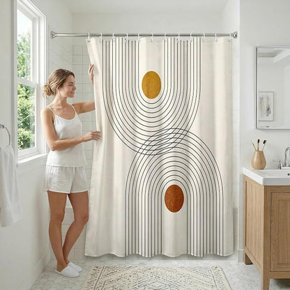 Americanflat 71x74 Boho Shower Curtain - Water-Resistant Long Shower Curtain with Durable Metal Grommets and 12 Hooks - 100% Polyester - Black, Mustard Yellow, Terracotta and Beige