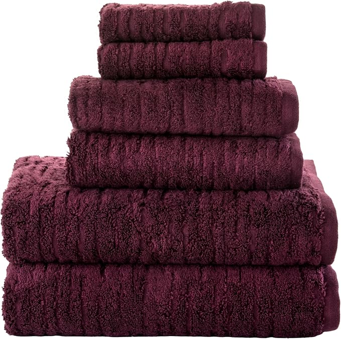 SKL Home CloudSoft Bath Towel Set, 6-Piece, 100% Cotton Luxury, Bordeaux | 2 Bath towels, 2 hand towels, 2 washcloths. Premium spa-level quality. 600/520 GSM weight. Ultra plush & absorbent.
