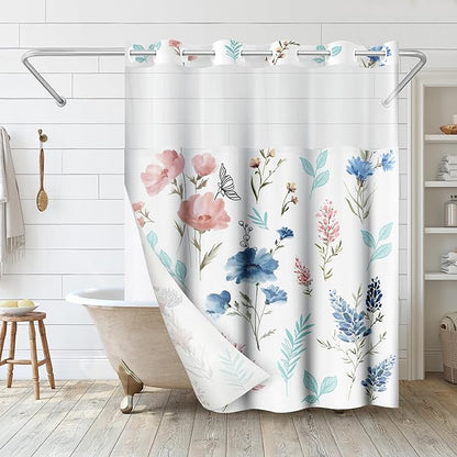 Americanflat 72x75 Hookless Shower Curtain - Water-Resistant Floral Shower Curtain with Sheer Panel, Snap-in Liner, and Grommets - 100% Polyester - Botanical Bathroom Curtains - Pink, Blue and White