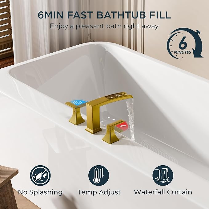 FORIOUS Roman Bathtub Faucet 3 Hole Deck Mount with 2 Handle Brushed Gold | Tub Faucet for 3-Hole Set, 6-12" Centered Distance, Widespread Garden Bath Tub, Waterfall Spout, High Flow, Brass