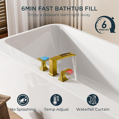 FORIOUS Roman Bathtub Faucet 3 Hole Deck Mount with 2 Handle Brushed Gold | Tub Faucet for 3-Hole Set, 6-12" Centered Distance, Widespread Garden Bath Tub, Waterfall Spout, High Flow, Brass
