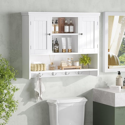 Bathroom Wall Cabinet with Doors and Hooks, 3-Tier Wall Mounted Cabinet | Modern Medicine Cabinet with 3 Open Shelves, Over the Toilet Storage Cabinet for Kitchen, Laundry Room, Living Room, White