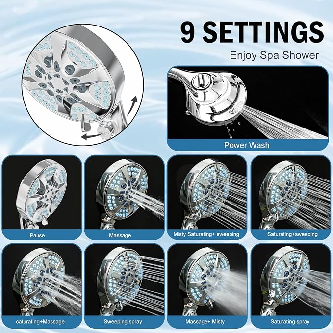 9 Settings Filtered Shower head with Handheld with Power Wash | Hard Water Softener,Remove Chlorine Power Wash for Tub&Tile,ON/OFF Button,6ft Hose,Filtered Shower Head,Premium Chrome