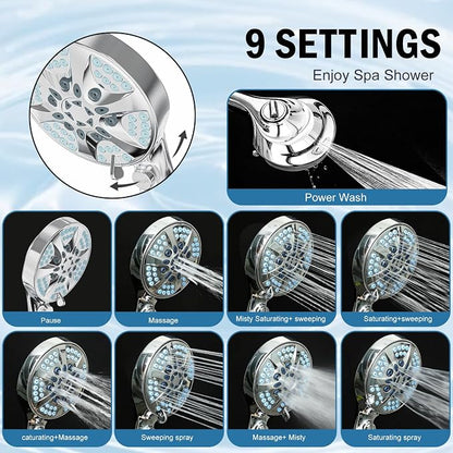 9 Settings Filtered Shower head with Handheld with Power Wash | Hard Water Softener,Remove Chlorine Power Wash for Tub&Tile,ON/OFF Button,6ft Hose,Filtered Shower Head,Premium Chrome