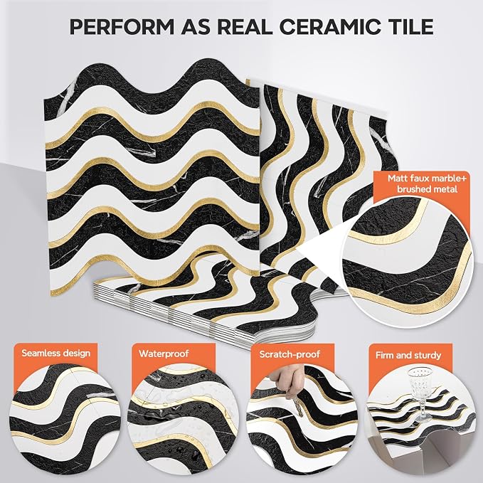 Vamos Tile Peel and Stick Backsplash Seamless Tile,Black+White+Gold,10 pcs | Stick on Backsplash for Kitchen and Bathroom, PVC Mix Metal Gold Self Adhesive Wall Tiles,11.8''x10.15''
