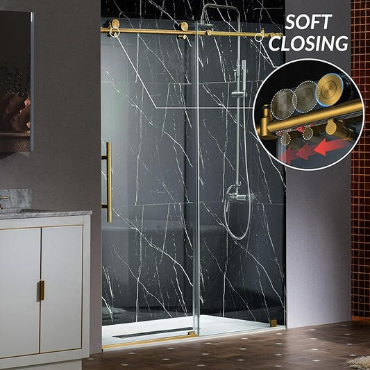 Woodbridge Frameless Sliding Shower Doors with Soft Close System, 57.5-60" Width x 76" Height with 3/8"(10mm) Clear Tempered Glass in Brushed Gold Finish, BSDC6076-BG