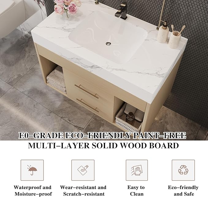 30 inch Modern Floating Bathroom Vanity with Sink, Wall Mounted Bathroom Cabinet with Undermount Ceramic Sink, Sintered Stone Countertop, 2 Soft Closing Drawers & Open Storage Shelf, Natural