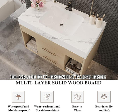 30 inch Modern Floating Bathroom Vanity with Sink, Wall Mounted Bathroom Cabinet with Undermount Ceramic Sink, Sintered Stone Countertop, 2 Soft Closing Drawers & Open Storage Shelf, Natural