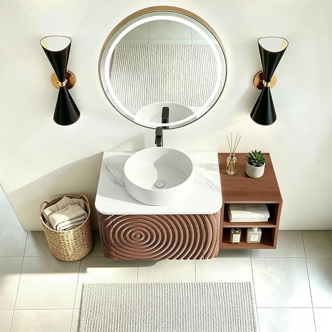 36" Floating Bathroom Vanity with Sink, Mid-Century Wall Mounted Bathroom Vanity Cabinet with Wood Waved Decor,Ceramic Vessel Basin and Sintered Stone Top, Soft Close Drawer, Side Open Cube