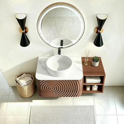 36" Floating Bathroom Vanity with Sink, Mid-Century Wall Mounted Bathroom Vanity Cabinet with Wood Waved Decor,Ceramic Vessel Basin and Sintered Stone Top, Soft Close Drawer, Side Open Cube